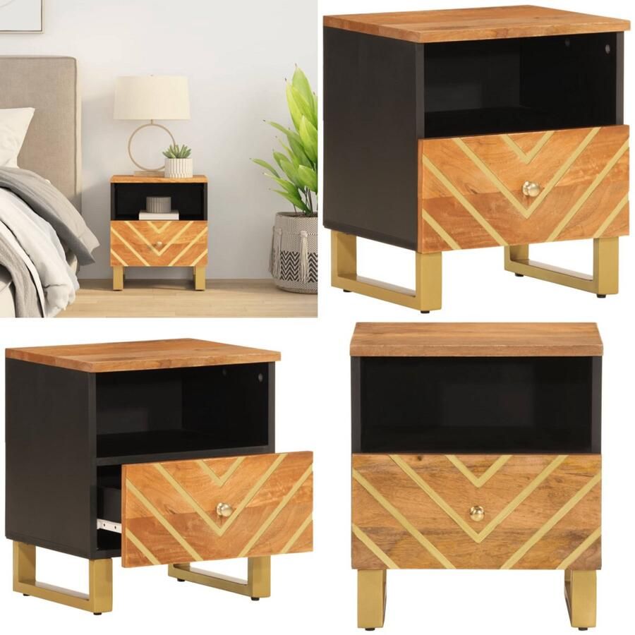 VidaXL Nachtkastje massief mangohout bruin en zwart Nachtkastje Nachtkastjes Houten Nachtkastje Houten Nachtkastjes - Foto 2
