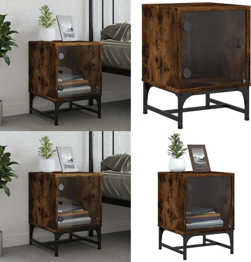 The Living Store Nachtkastje met glazen deur 35x37x50 cm gerookt eikenkleurig Nachtkastje Kastje Slaapkamermeubilair Houten Kast Vintage Kast - Foto 2