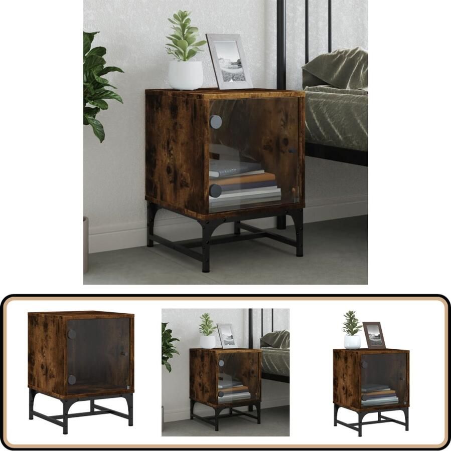 VidaXL Nachtkastje met glazen deur Gerookt Eiken Nachtkastje Kastje Bijzettafel Slaapkamer Meubilair Houten Nachtkastje