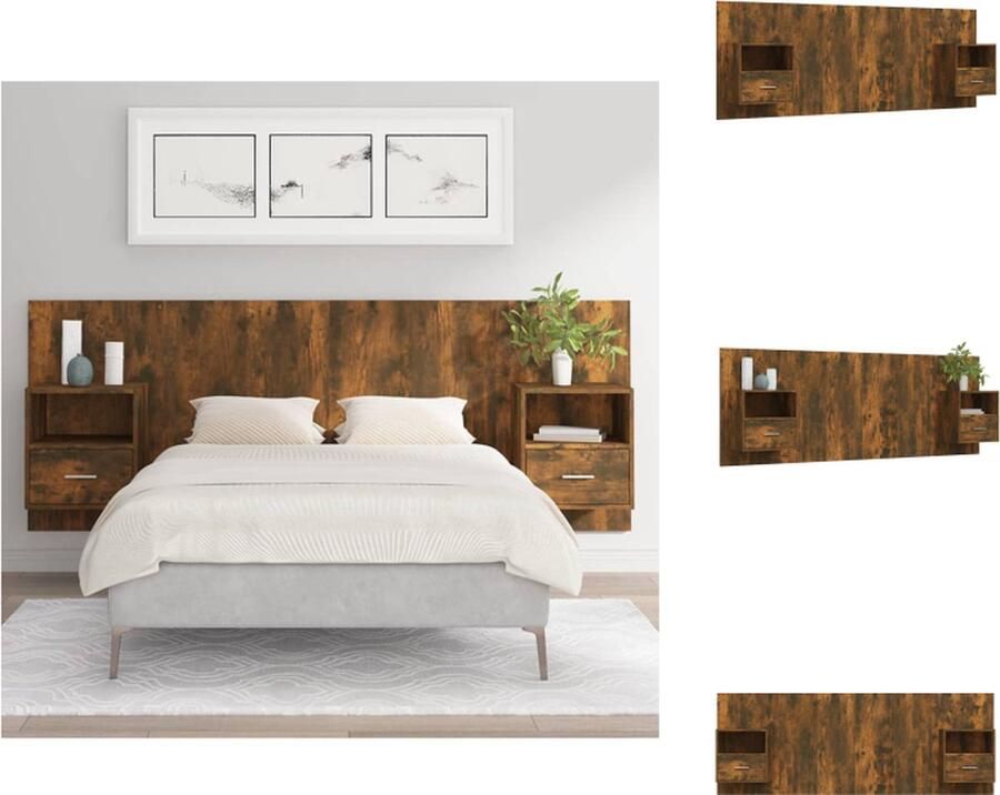 VidaXL Nachtkastje en Hoofdbord Gerookt Eiken Opbergruimte Wandmontage Bewerkt Hout 48.5 x 32.5 x 80 cm Montage vereist Levering bevat 2 x Nachtkastje 1 x Hoofdbord Bedonderdeel - Foto 7