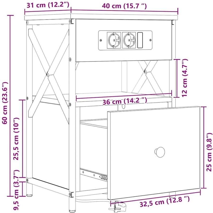 VidaXL Nachtkastje met lade Zwart eiken 40 x 31 x 60 cm Bewerkt hout