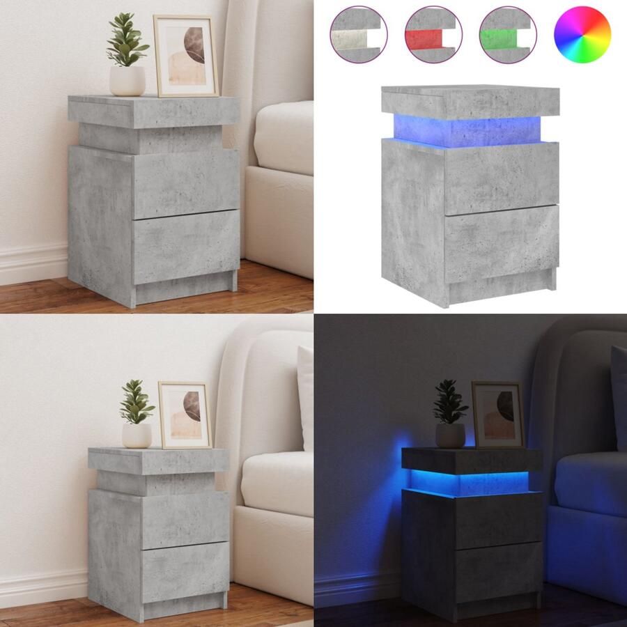 VidaXL Nachtkastje met LED-verlichting 35x39x55 cm betongrijs Nachtkastje Nachtkastjes Bijzettafel Wandkastje