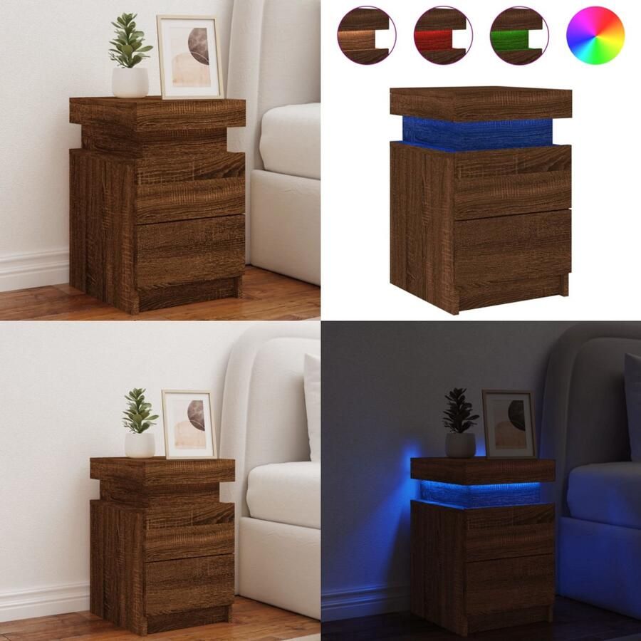 VidaXL Nachtkastje met LED-verlichting 35x39x55 cm bruin eikenkleur Nachtkastje Nachtkastjes Bijzettafel Wandkastje
