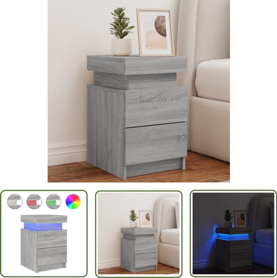 The Living Store Nachtkastje met LED-verlichting 35x39x55 cm grijs sonoma eiken Nachtkastje Led Verlichting Slaapkamermeubilair Houten Kast Grijze Kast