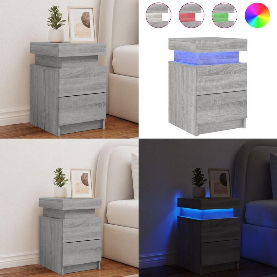 VidaXL Nachtkastje met LED-verlichting 35x39x55 cm grijs sonoma eiken Nachtkastje Nachtkastjes Bijzettafel Wandkastje