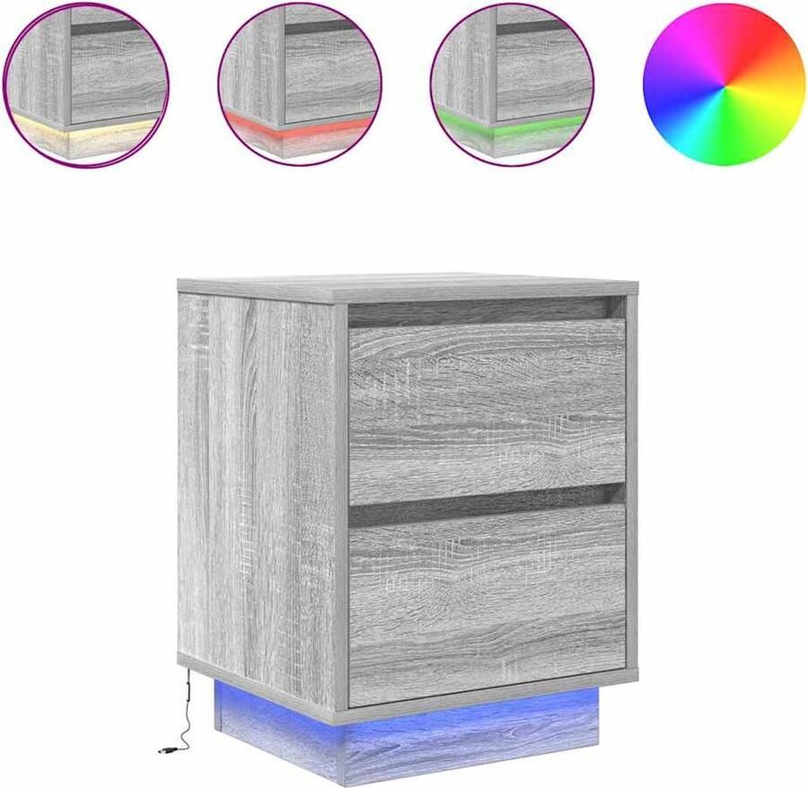 VidaXL Nachtkastje met LED 38x34x50 cm Grijs Eiken Nachtaandkast Kastje Bijzettafel Slaapkamersmeubel Grijze Meubels