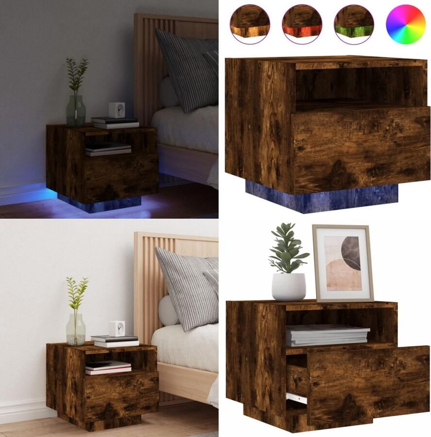 VidaXL Nachtkastje met LED-verlichting 40x39x37 cm gerookt eikenkleur Nachtkastje Nachtkastjes Nachtkastje Met LED Nachtkastje Met LED-verlichting
