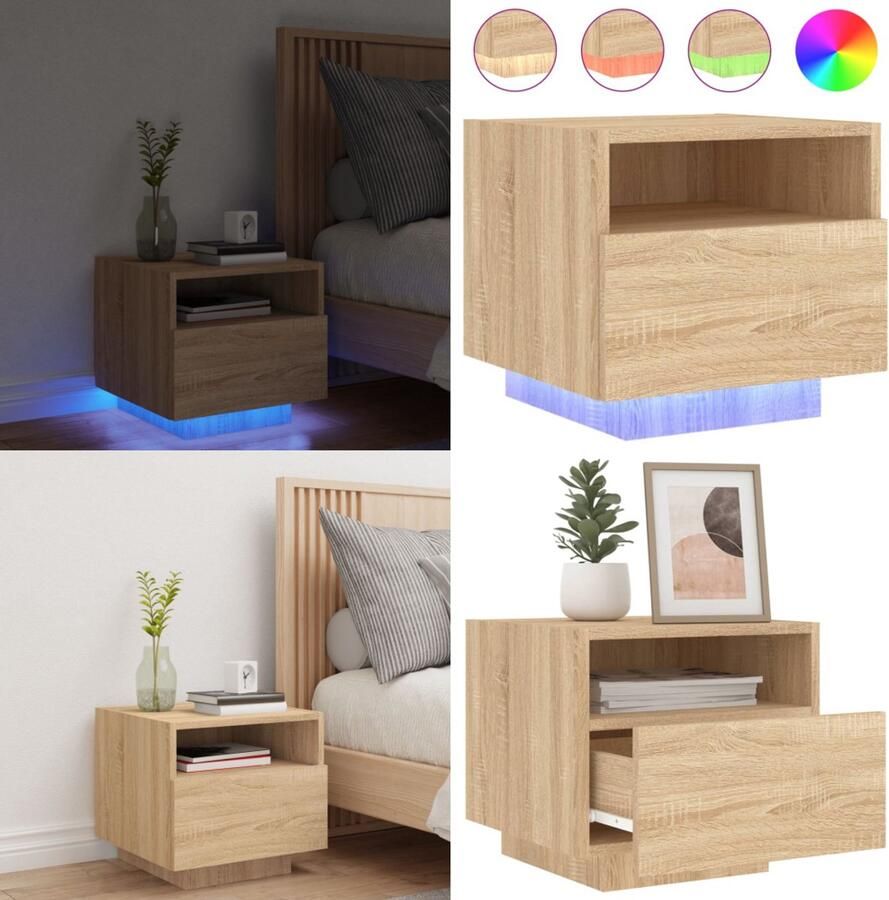 VidaXL Nachtkastje met LED-verlichting 40x39x37 cm sonoma eikenkleurig Nachtkastje Nachtkastjes Nachtkastje Met LED Nachtkastje Met LED-verlichting