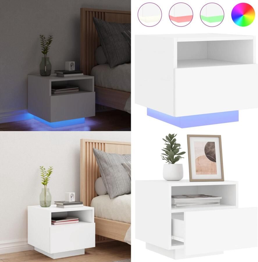VidaXL Nachtkastje met LED-verlichting 40x39x37 cm wit Nachtkastje Nachtkastjes Nachtkastje Met LED Nachtkastje Met LED-verlichting