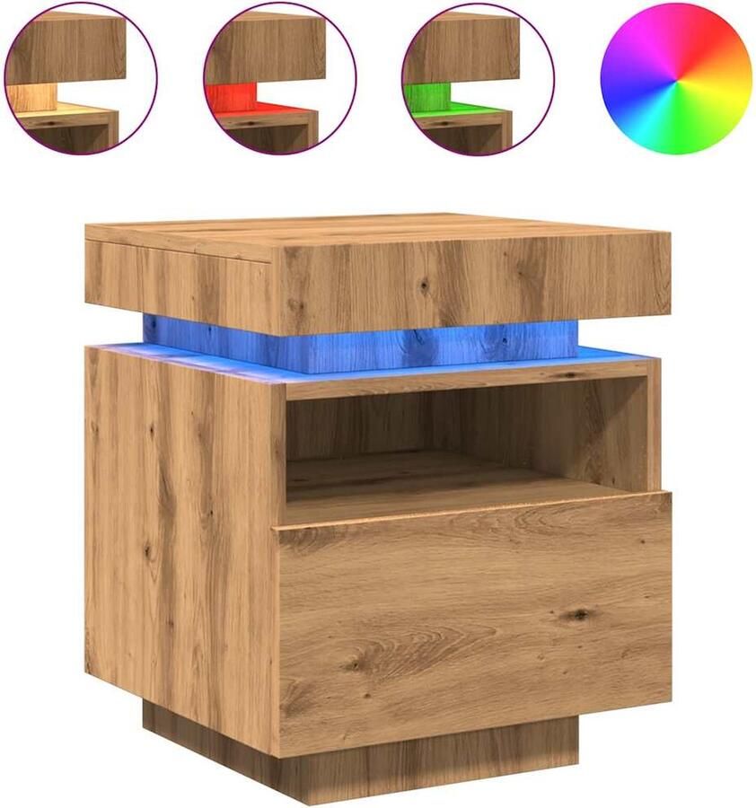 VidaXL Nachtkastje LED-verlichting Artisan Eiken Nachtkastje Nachtkastjes Bedkast Bedtafel - Foto 2