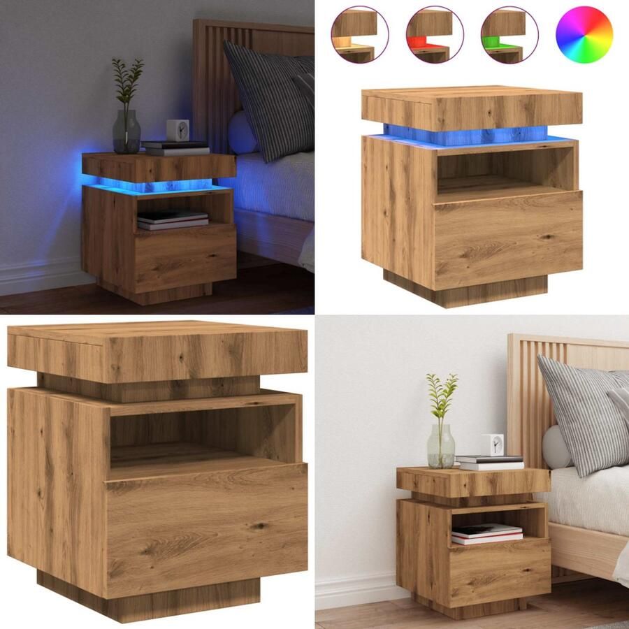 VidaXL Nachtkastje met LED-verlichting 40x39x48 5 cm artisanaal eiken Nachtkastje Nachtkastjes Bedkast Bedtafel