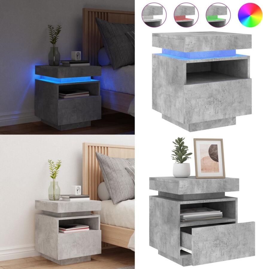 VidaXL Nachtkastje met LED-verlichting 40x39x48 5 cm betongrijs Nachtkastje Nachtkastjes Nachtkastje Met LED Nachtkastje Met LED-verlichting