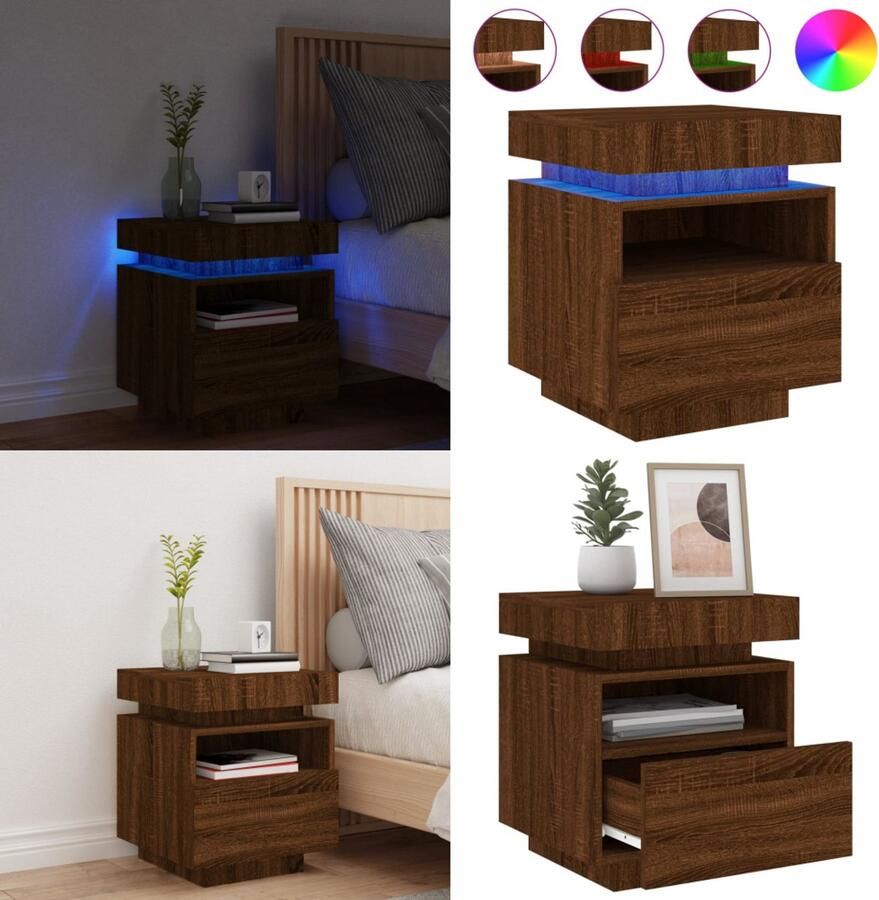 VidaXL Nachtkastje met LED-verlichting 40x39x48 5 cm bruin eikenkleur Nachtkastje Nachtkastjes Nachtkastje Met LED Nachtkastje Met LED-verlichting