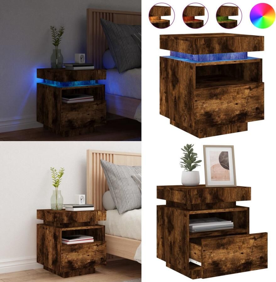 The Living Store Slaapkaastje Gerookt Eiken 40 x 39 x 48.5 cm Met LED-verlichting Nachtkastje Slaapkamermeubel Led Verlichting Houten Kast Bruine Meubels - Foto 2