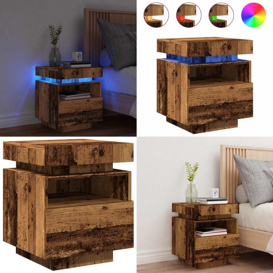 VidaXL Nachtkastje met LED-verlichting 40x39x48 5 cm oud houtkleurig Nachtkastje Nachtkastjes Bedkast Bedtafel