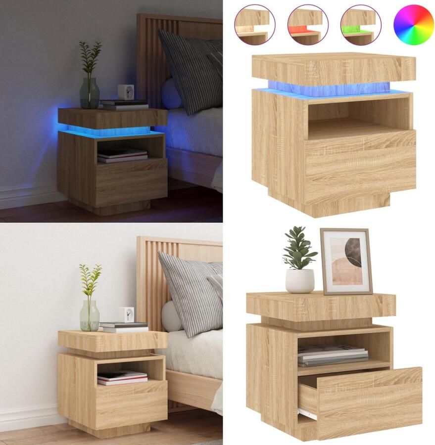 VidaXL Nachtkastje met LED-verlichting 40x39x48 5 cm sonoma eikenkleur Nachtkastje Nachtkastjes Nachtkastje Met LED Nachtkastje Met LED-verlichting
