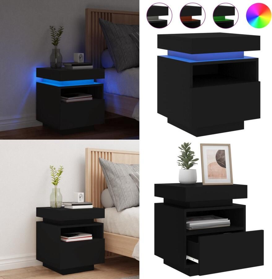 VidaXL Nachtkastje met LED-verlichting 40x39x48 5 cm zwart Nachtkastje Nachtkastjes Nachtkastje Met LED Nachtkastje Met LED-verlichting