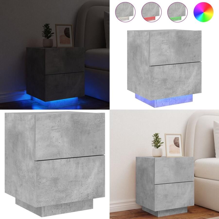 VidaXL Nachtkastje met LED-verlichting bewerkt hout betongrijs Nachtkastje Nachtkastjes Bijzettafel Wandkastje