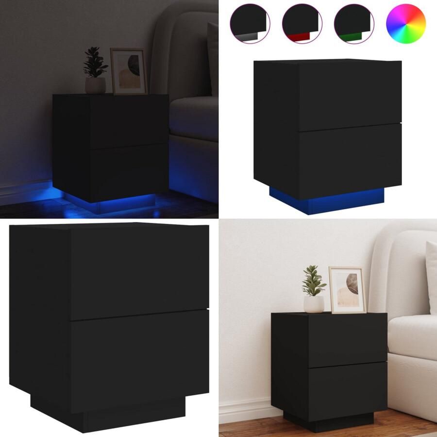 VidaXL Nachtkastje met LED-verlichting bewerkt hout zwart Bijzetkast Bijzetkasten Bijzetkast Accenttafel