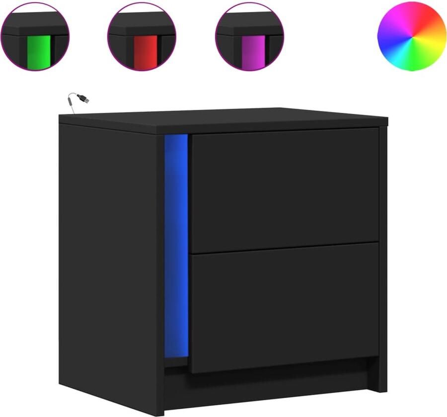 VidaXL Nachtkastje met LED-verlichting bewerkt hout zwart