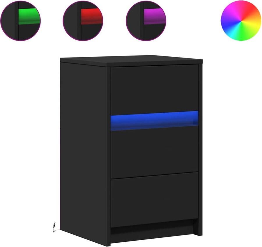 VidaXL Nachtkastje met LED-verlichting bewerkt hout zwart