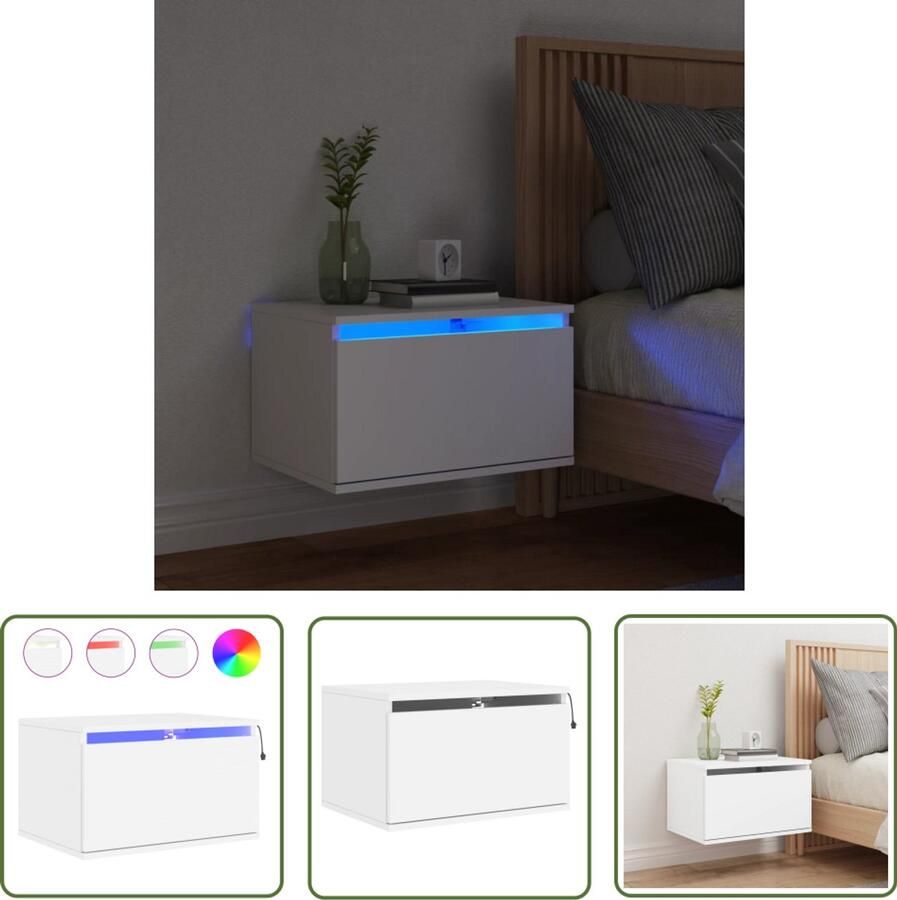 The Living Store Nachtkastje met LED-verlichting wandgemonteerd wit Wandgemonteerd Nachtkastje Wandgemonteerde Nachtkastjes Nachtkastje Zwevend Nachtkastje - Foto 2