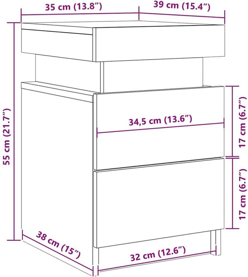 VidaXL Nachtkastje Zwart Eiken Bewerkt hout 35 x 39 x 55 cm Nachtkast - Foto 2