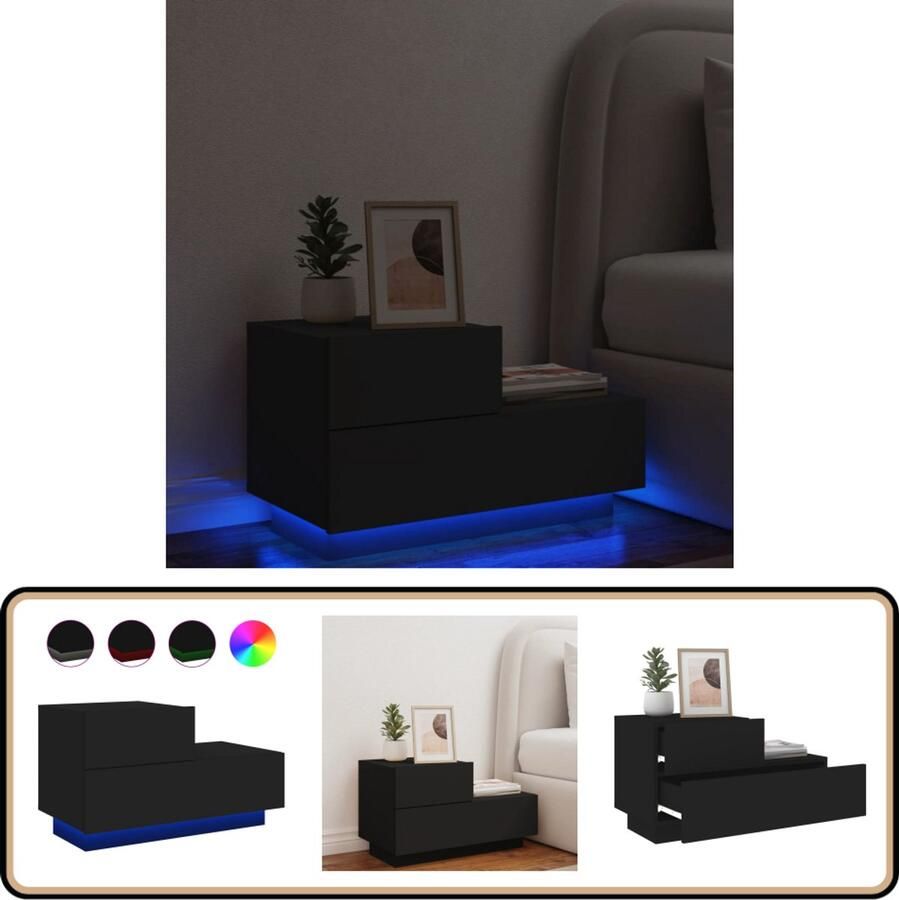 The Living Store Nachtkastje met LED-verlichting 70x36x40 5 cm zwart Nachtkastje Nachtkastjes Nachtkastje Met LED Nachtkastje Met LED-verlichting - Foto 2