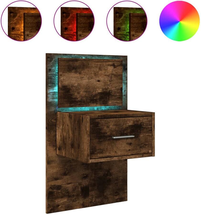 The Living Store Nachtkastje met LED's wandgemonteerd gerookt eikenkleurig Nachthastje Wandlamp Led Verlichting Slaapkamerdecoratie Houten Nachttafel - Foto 2