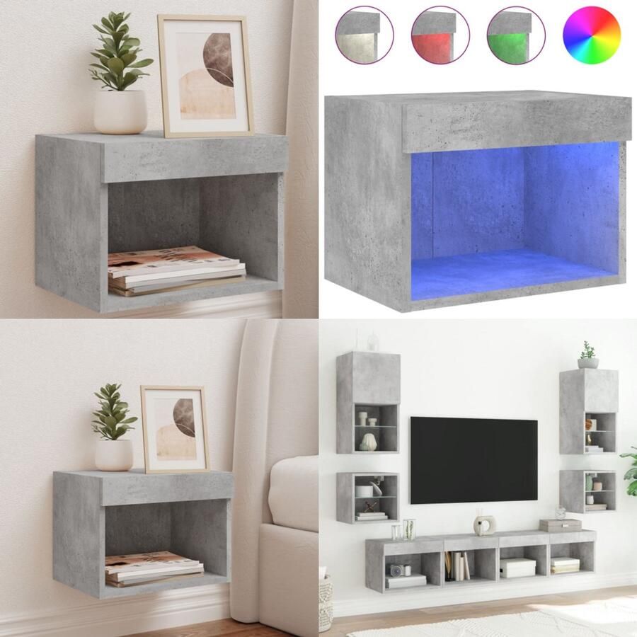 VidaXL Nachtkastje met LED's wandgemonteerd betongrijs Nachtkastje Nachtkastjes Bijzettafel Wandkastje