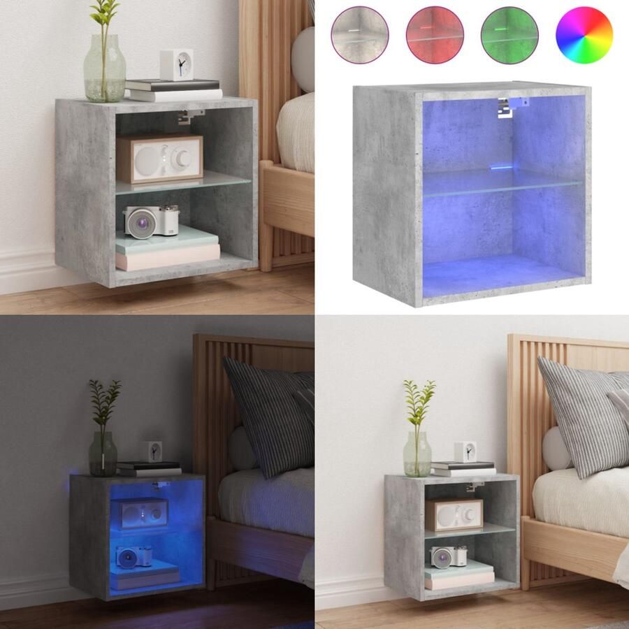 VidaXL Nachtkastje met LED's wandgemonteerd betongrijs Nachtkastje Nachtkastjes Bijzettafel Wandkastje