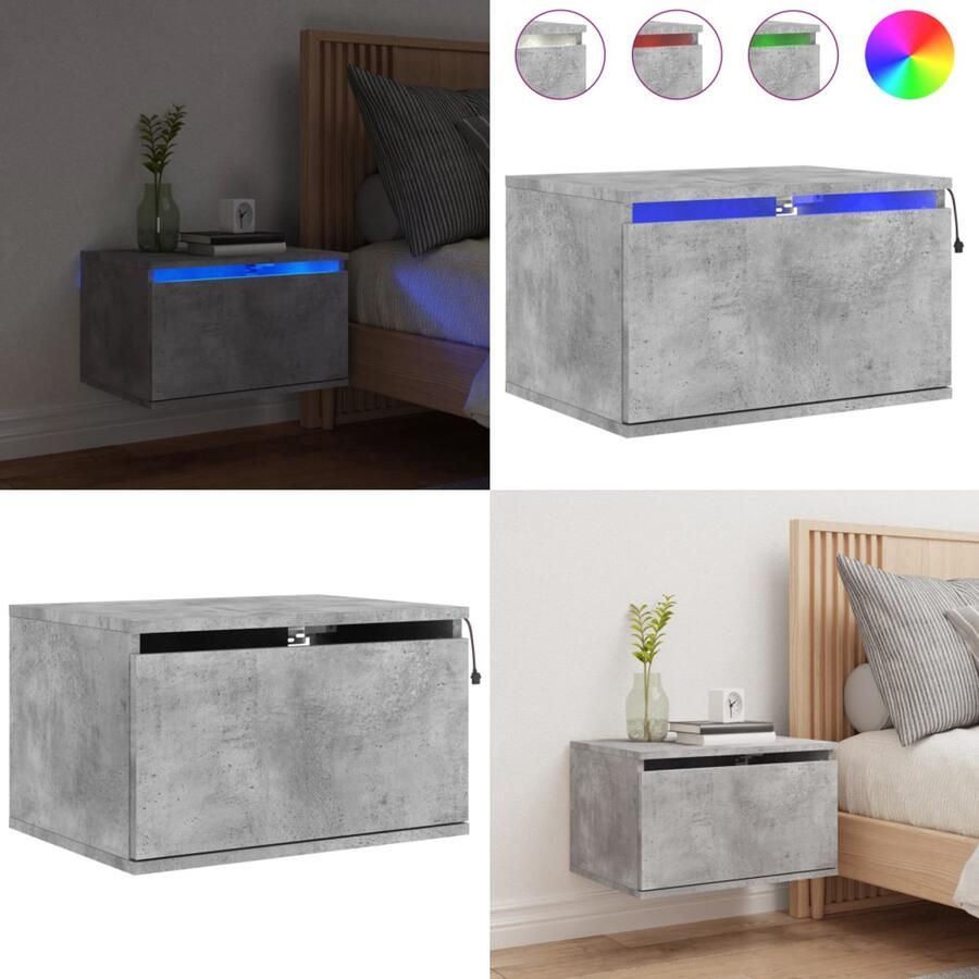 VidaXL Nachtkastje met LED's wandgemonteerd betongrijs Wandgemonteerd Nachtkastje Wandgemonteerde Nachtkastjes Nachtkastje Zwevend Nachtkastje