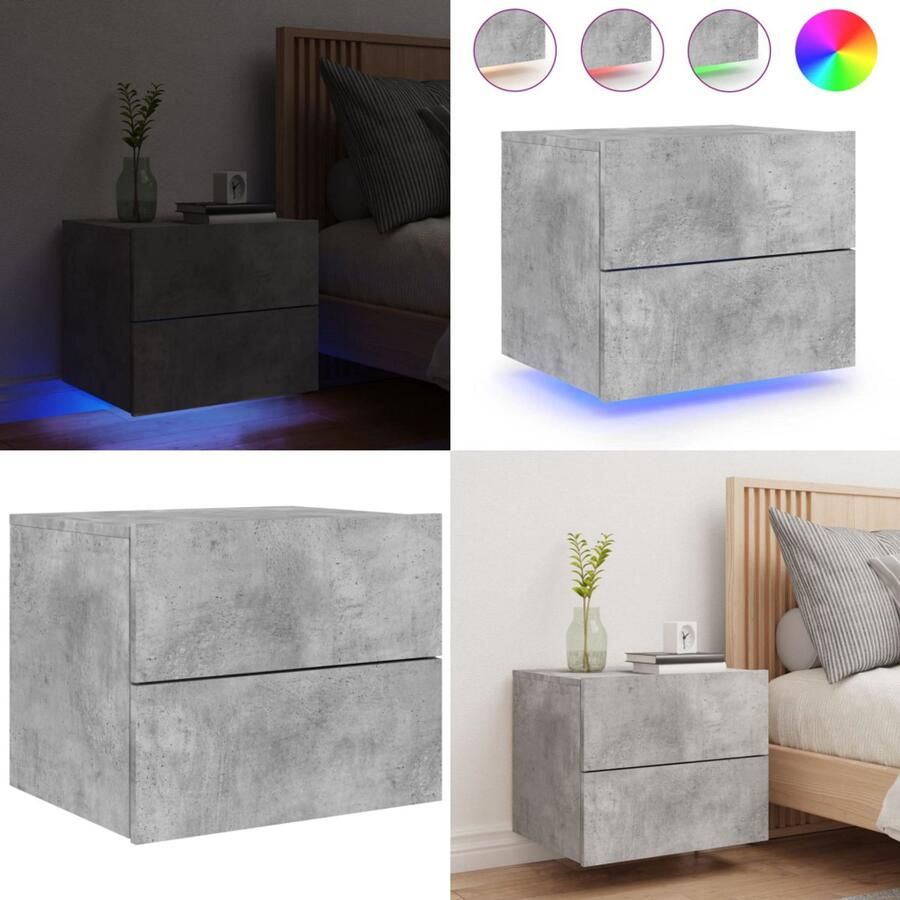 VidaXL Nachtkastje met LED's wandgemonteerd betongrijs Wandgemonteerd Nachtkastje Wandgemonteerde Nachtkastjes Nachtkastje Zwevend Nachtkastje - Foto 2
