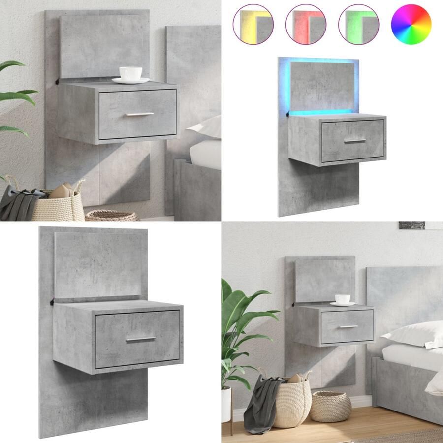 VidaXL Nachtkastje met LED's wandgemonteerd betongrijs Wandnachtkastje Wandnachtkastjes Nachtkastje Bijzettafel