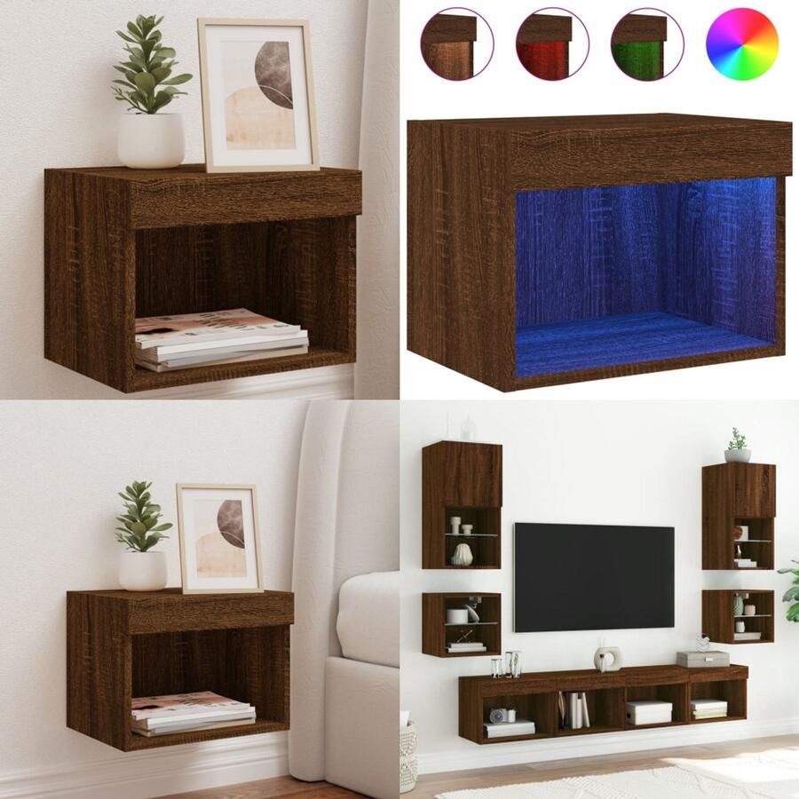 VidaXL Nachtkastje met LED's wandgemonteerd bruin eikenkleur Nachtkastje Nachtkastjes Bijzettafel Wandkastje