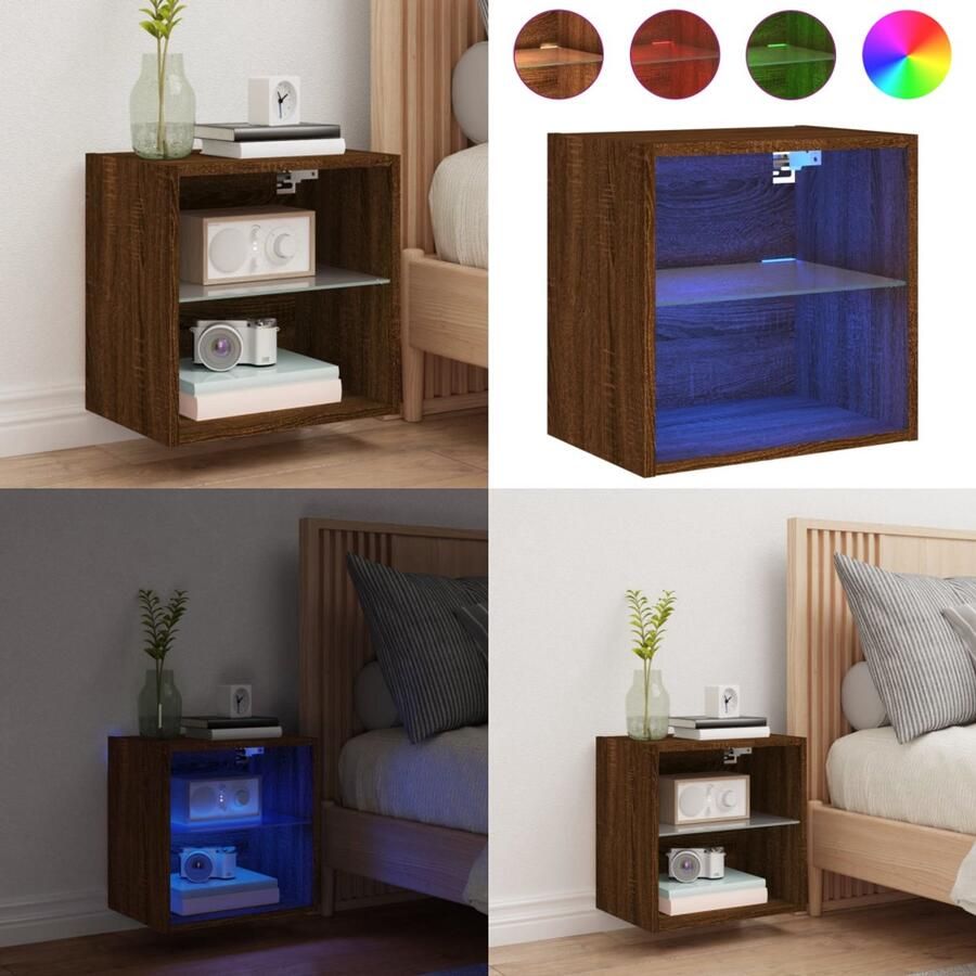 VidaXL Nachtkastje met LED's wandgemonteerd bruin eikenkleur Nachtkastje Nachtkastjes Bijzettafel Wandkastje