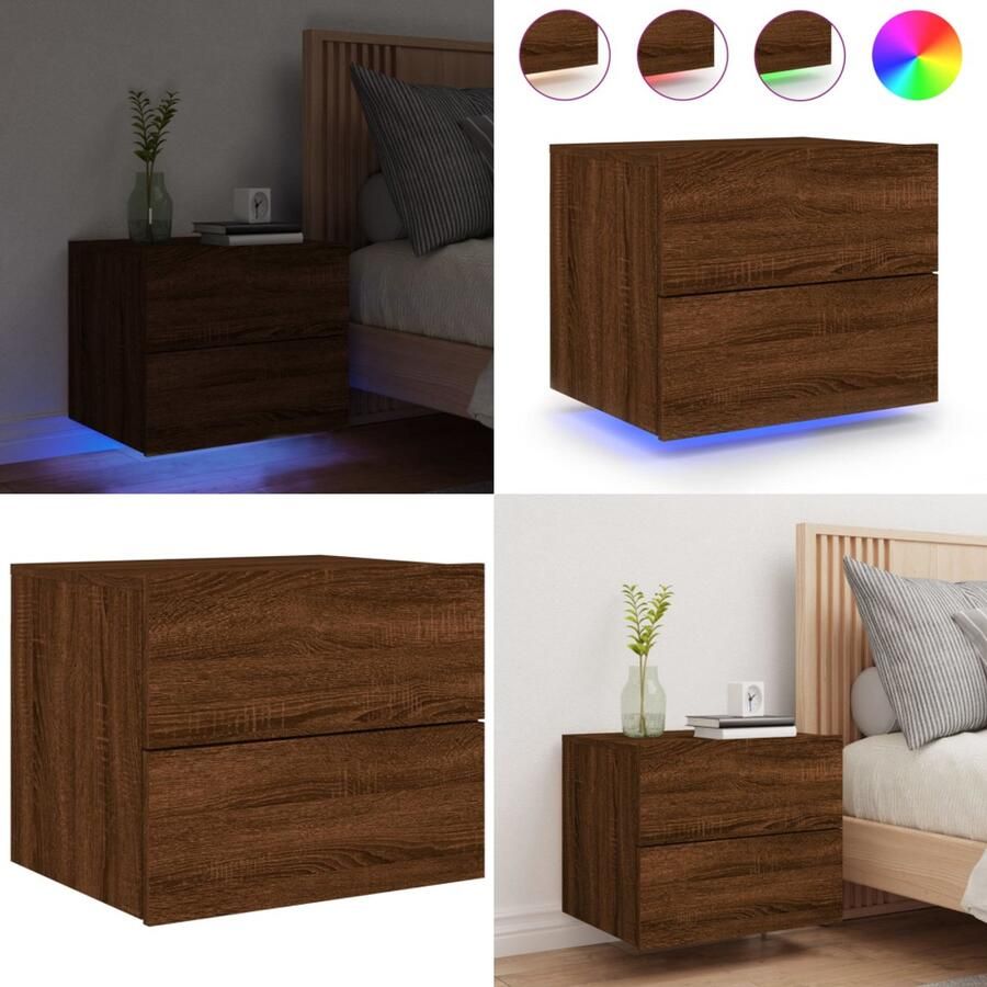 VidaXL Nachtkastje met LED's wandgemonteerd bruin eikenkleur Wandgemonteerd Nachtkastje Wandgemonteerde Nachtkastjes Nachtkastje Zwevend Nachtkastje