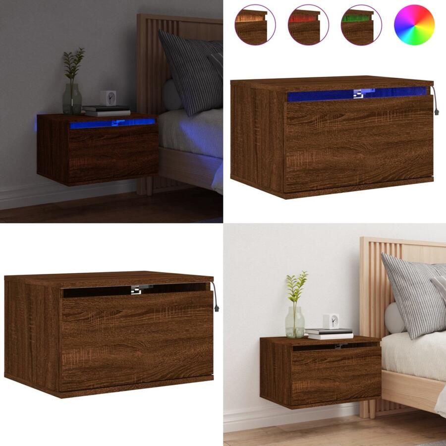 The Living Store Nachtkastje met LED's wandgemonteerd bruin eikenkleur Wandgemonteerd Nachtkastje Wandgemonteerde Nachtkastjes Nachtkastje Zwevend Nachtkastje