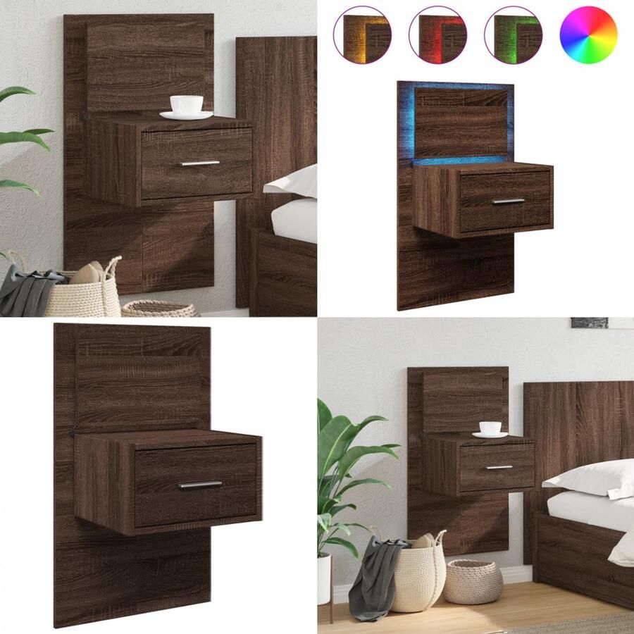 VidaXL Nachtkastje met LED's wandgemonteerd bruin eikenkleur Wandnachtkastje Wandnachtkastjes Nachtkastje Bijzettafel