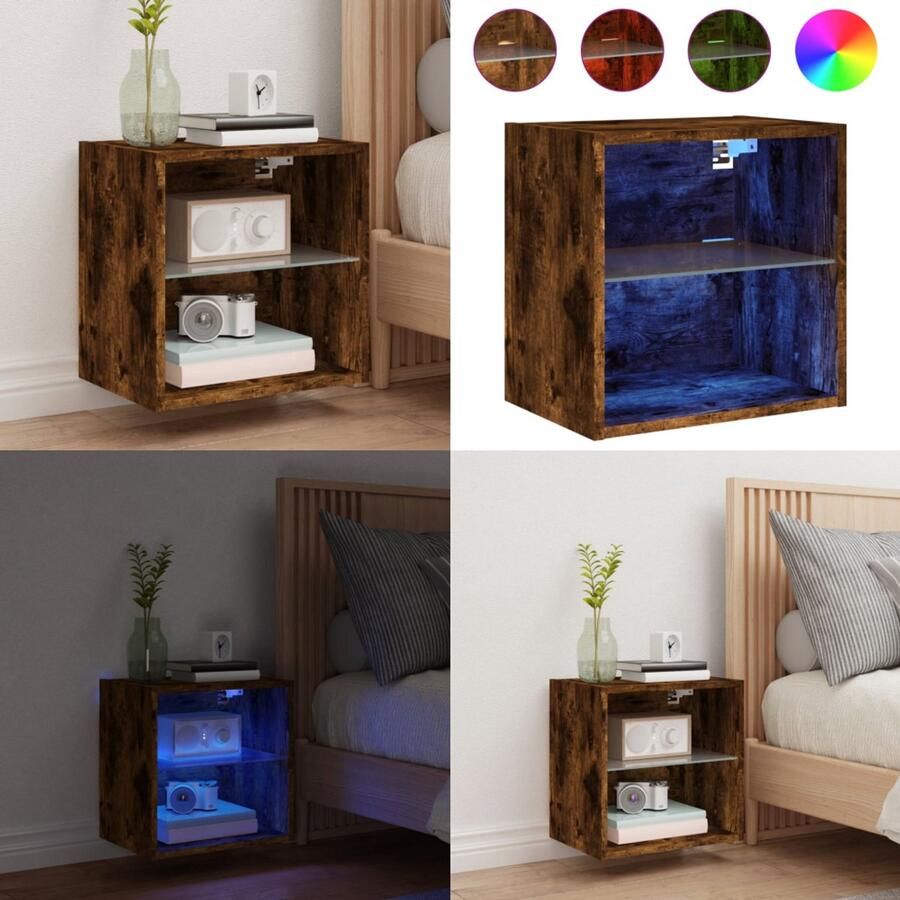 VidaXL Nachtkastje met LED's wandgemonteerd gerookt eikenkleurig Nachtkastje Nachtkastjes Bijzettafel Wandkastje
