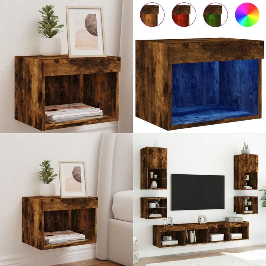 VidaXL Nachtkastje met LED's wandgemonteerd gerookt eikenkleurig Nachtkastje Nachtkastjes Bijzettafel Wandkastje