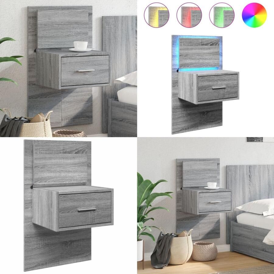 VidaXL Nachtkastje met LED's wandgemonteerd grijs sonoma eikenkleurig Wandnachtkastje Wandnachtkastjes Nachtkastje Bijzettafel