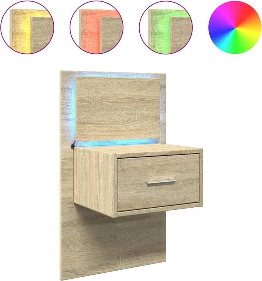 VidaXL Nachtkastje met LED's sonoma eikenkleurig Nachtkastje Wandlamp Led Verlichting Houten Meubilair Bruine Meubels