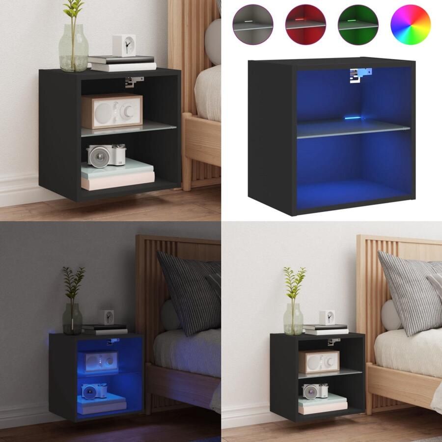 VidaXL Nachtkastje met LED's wandgemonteerd zwart Nachtkastje Nachtkastjes Bijzettafel Wandkastje