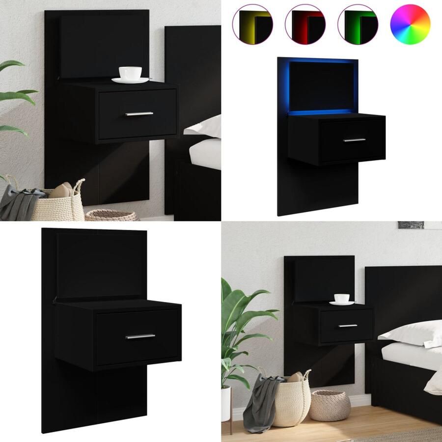 VidaXL Nachtkastje met LED's wandgemonteerd zwart Wandnachtkastje Wandnachtkastjes Nachtkastje Bijzettafel