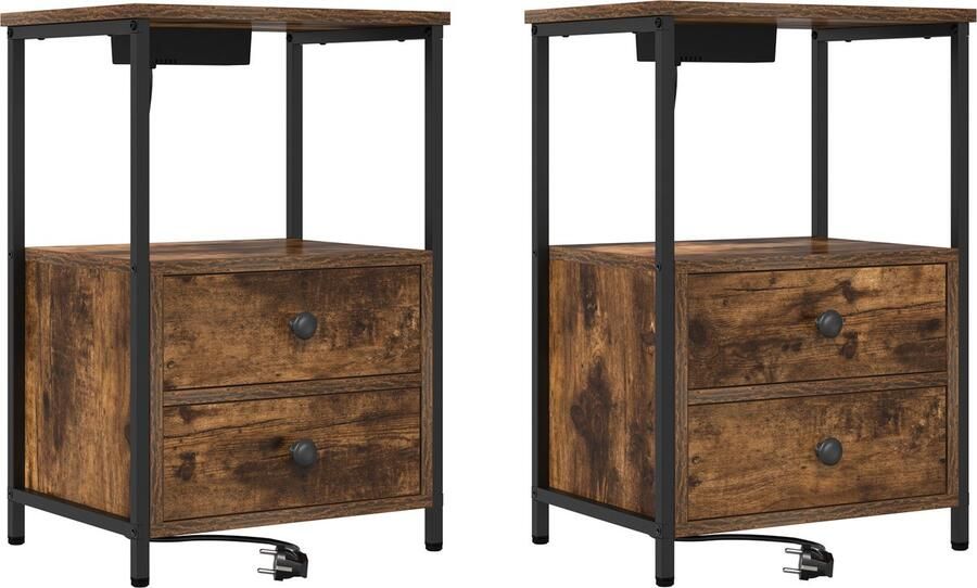 VidaXL Nachtkastje met Oplaadstation 2 pcs Gerookt eiken Bewerkt hout