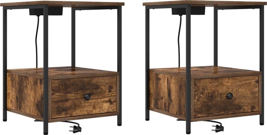 VidaXL Nachtkastje met Oplaadstation 2 pcs Gerookt eiken Bewerkt hout