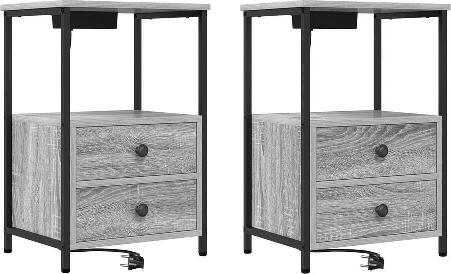 VidaXL Nachtkastje met Oplaadstation 2 pcs Grijs sonoma Bewerkt hout
