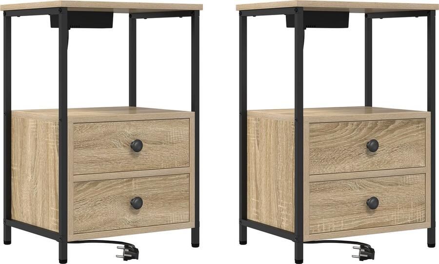 VidaXL Nachtkastje met Oplaadstation 2 pcs Sonoma eiken Bewerkt hout
