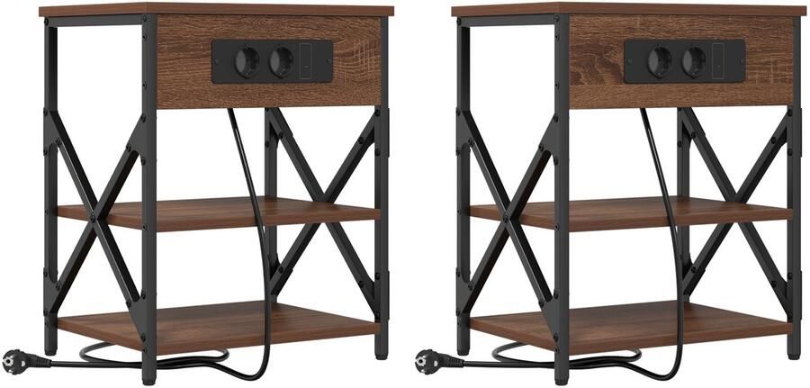 VidaXL Nachtkastje met Oplaadstation met plank met opslag 2 pcs bruin eikenkleur